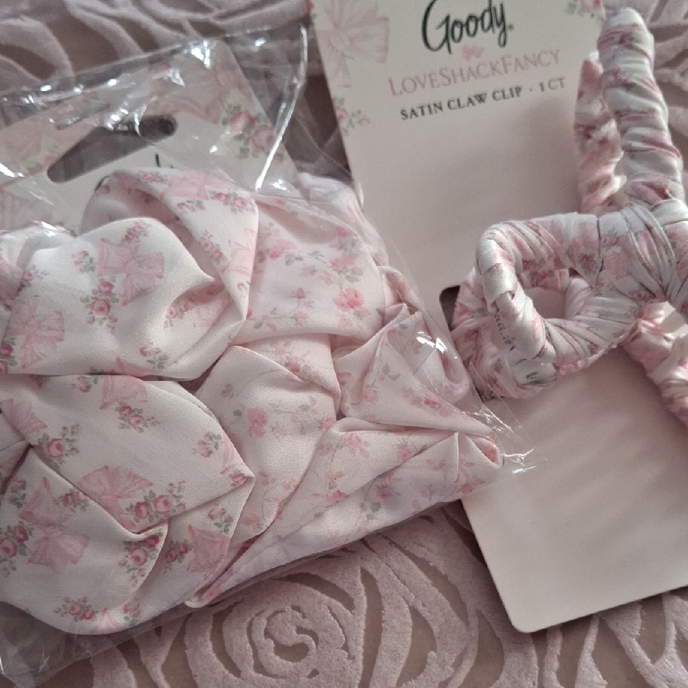 LoveShackFancy Goody Pink Floral SatinHair Clip & Scrunchie Set.